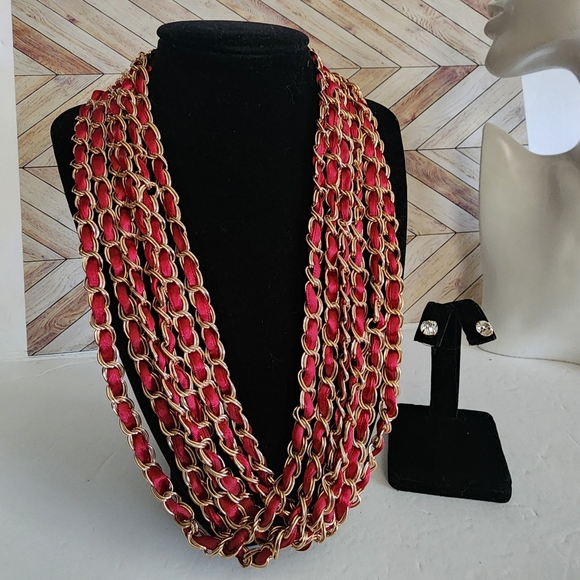 Multi Strand Gold Chain with Red Satin Ribbon Necklace Earrings Set New - Picture 1 of 9